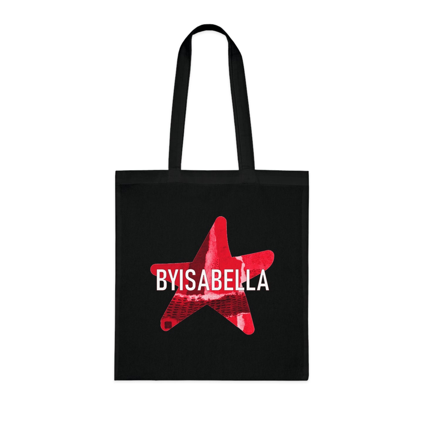 A tote bag with hot red byisabella logo design