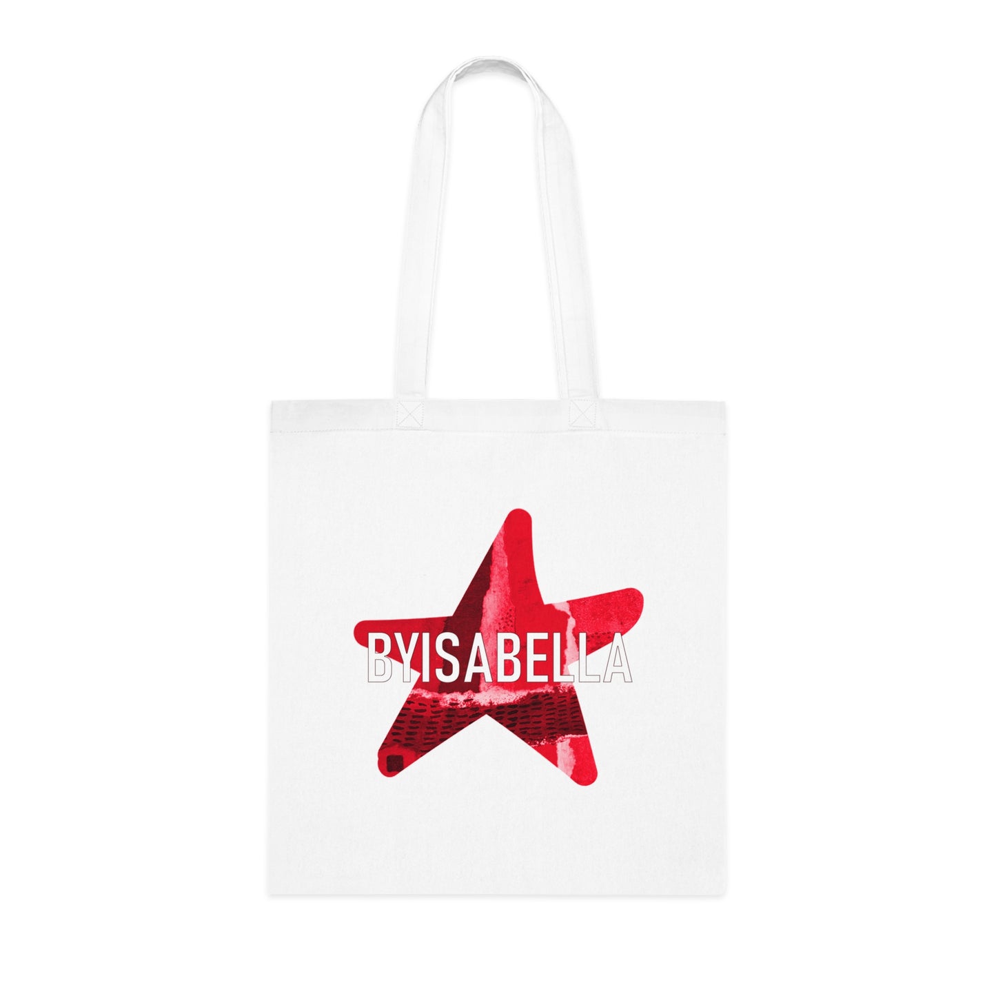 A tote bag with hot red byisabella logo design