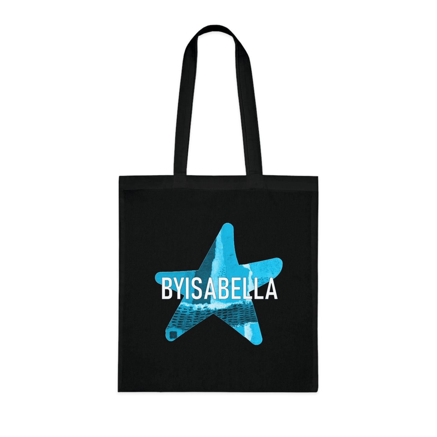 A tote bag with azure blue byisabella logo design