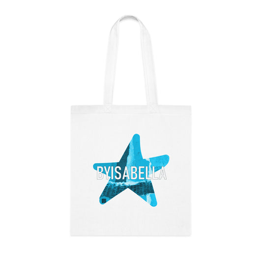 A tote bag with azure blue byisabella logo design